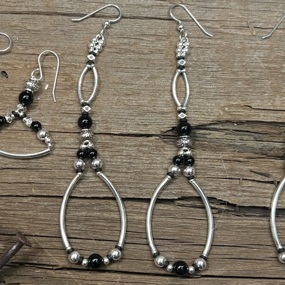 Handmade elegant .925 sterling silver dangle earrings with black onyx beads